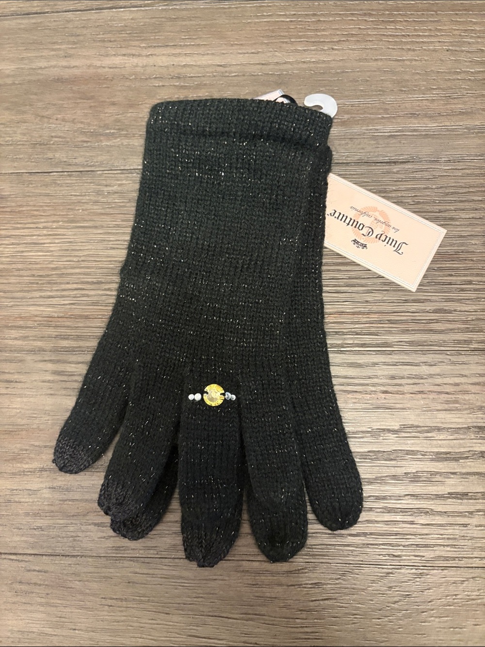 Juicy Couture Black Knit Gloves with Rhinestone Accent